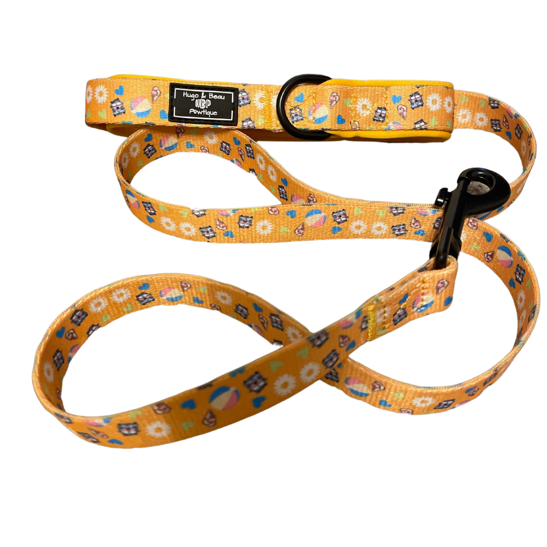 Sunbeams & Ice-cream Dog Lead: Match with our Sunbeams & Ice-creams Harness to stand out from the crowd! • Approximately 150cm long • Features metal hardware for durability • D Ring perfect for attaching your favorite poop bag holder, keeping them easily accessible • Padded neoprene handle for extra comfort during walks."