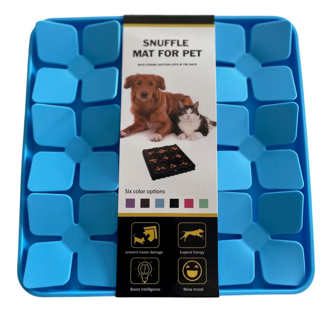 "Silicone Snuffle Mat - Ultimate boredom buster! Made from Silicone - suitable for raw or wet food, not just kibble. Fun & Interactive, keeping your pooch engaged and mentally stimulated. Encourages them to use natural foraging instincts. Helps to relax & soothe from repetitive nose work. Suction cups on the back for sticking to multiple surfaces. Easy to clean. Available in black, pink, lilac, and mint green."