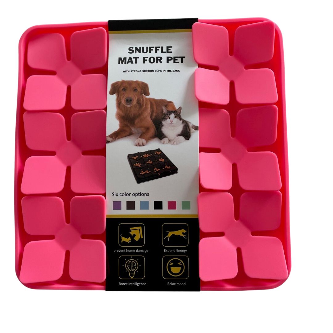 "Silicone Snuffle Mat - Ultimate boredom buster! Made from Silicone - suitable for raw or wet food, not just kibble. Fun & Interactive, keeping your pooch engaged and mentally stimulated. Encourages them to use natural foraging instincts. Helps to relax & soothe from repetitive nose work. Suction cups on the back for sticking to multiple surfaces. Easy to clean. Available in black, pink, lilac, and mint green."