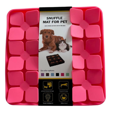 "Silicone Snuffle Mat - Ultimate boredom buster! Made from Silicone - suitable for raw or wet food, not just kibble. Fun & Interactive, keeping your pooch engaged and mentally stimulated. Encourages them to use natural foraging instincts. Helps to relax & soothe from repetitive nose work. Suction cups on the back for sticking to multiple surfaces. Easy to clean. Available in black, pink, lilac, and mint green."