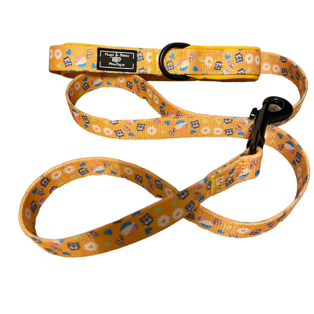 "Sunbeams & Ice-cream Dog Lead: Match with our Sunbeams & Ice-creams Harness to stand out from the crowd!  • Approximately 150cm long • Features metal hardware for durability • D Ring perfect for attaching your favorite poop bag holder, keeping them easily accessible • Padded neoprene handle for extra comfort during walks."